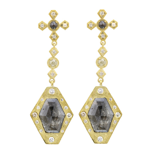Trapeze Rose Cut Pendant Dangle Diamond Earrings in 18k Yellow Gold