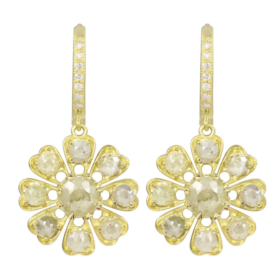18K Yellow Gold Diamond Rose Cut Flower Earrings